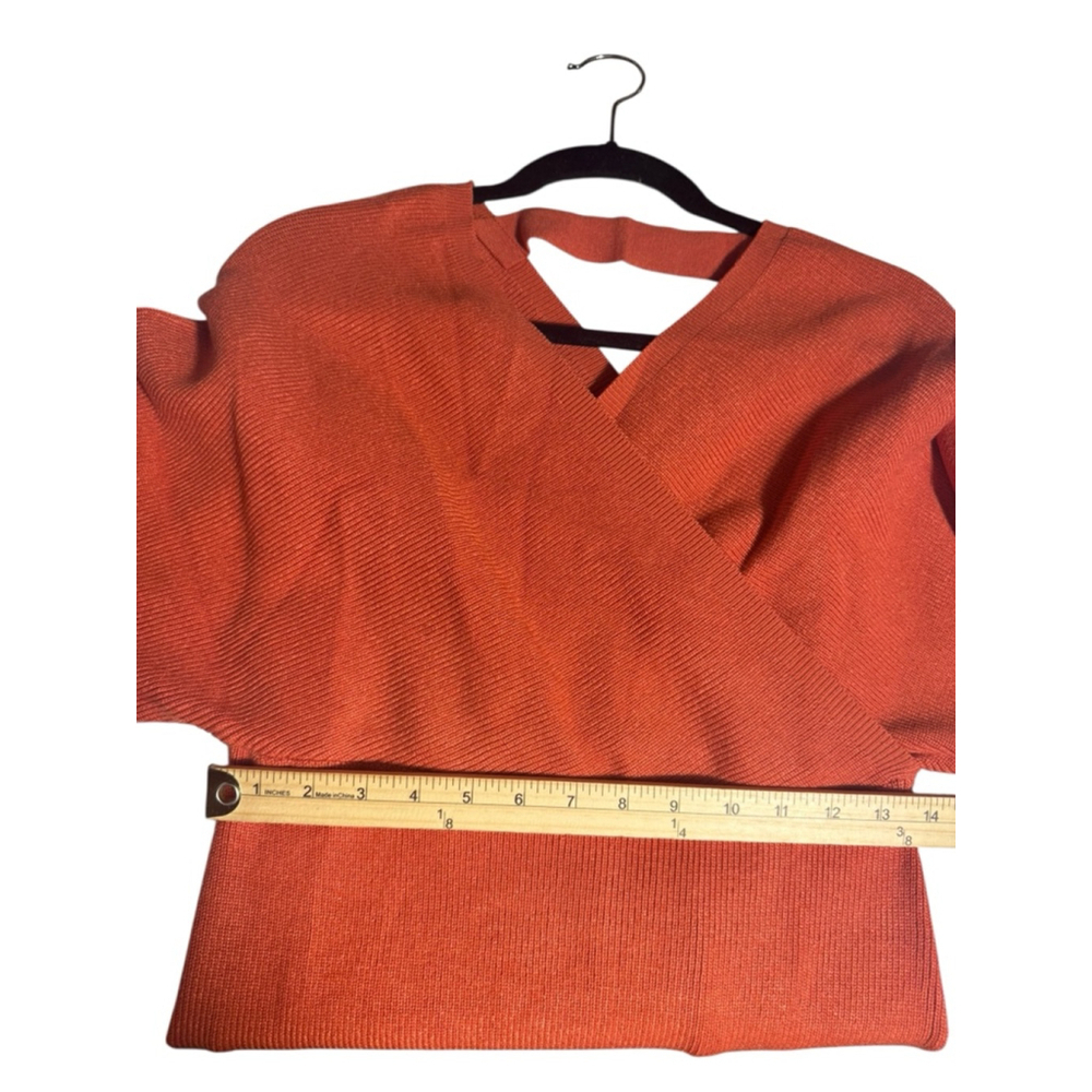Size L Long Sleeve Ribbed Fall Winter Long Sleeve Wrap Midi Dress Burnt Orange - Picture 5 of 7
